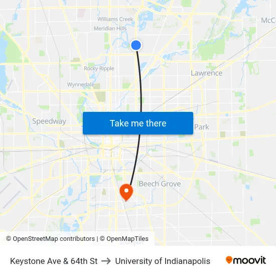 Keystone Ave & 64th St to University of Indianapolis map