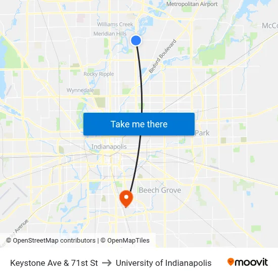 Keystone Ave & 71st St to University of Indianapolis map