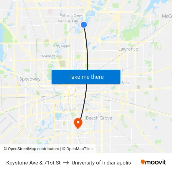 Keystone Ave & 71st St to University of Indianapolis map