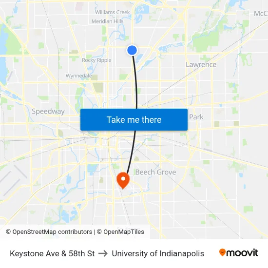 Keystone Ave & 58th St to University of Indianapolis map