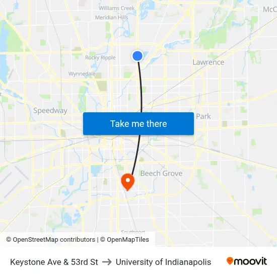 Keystone Ave & 53rd St to University of Indianapolis map