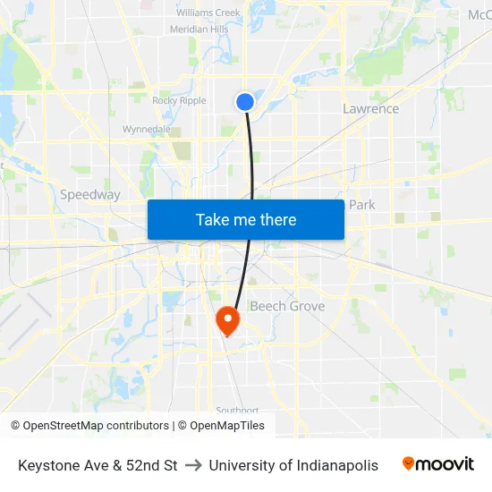 Keystone Ave & 52nd St to University of Indianapolis map