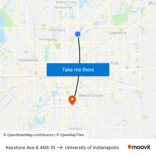 Keystone Ave & 46th St to University of Indianapolis map