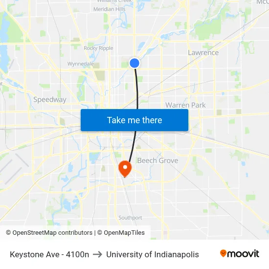 Keystone Ave - 4100n to University of Indianapolis map