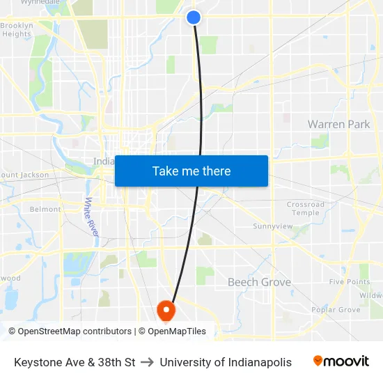 Keystone Ave & 38th St to University of Indianapolis map