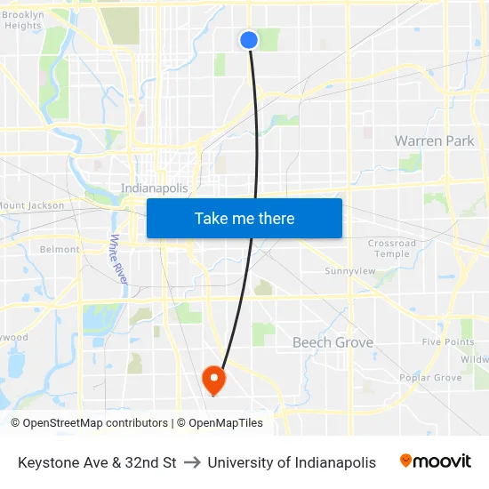Keystone Ave & 32nd St to University of Indianapolis map