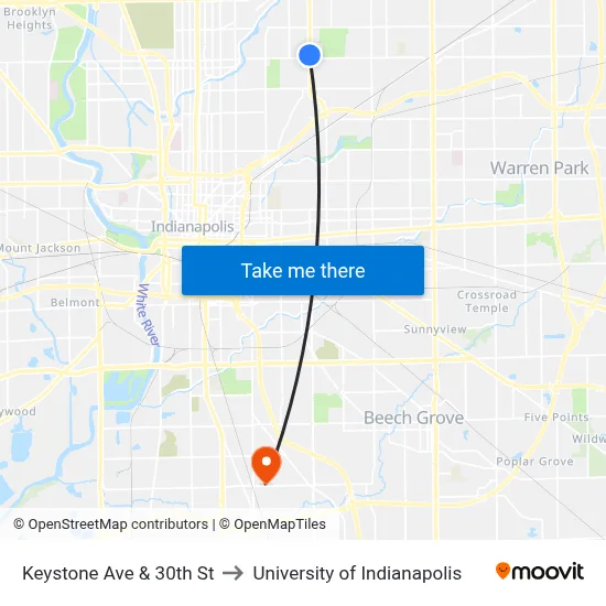 Keystone Ave & 30th St to University of Indianapolis map