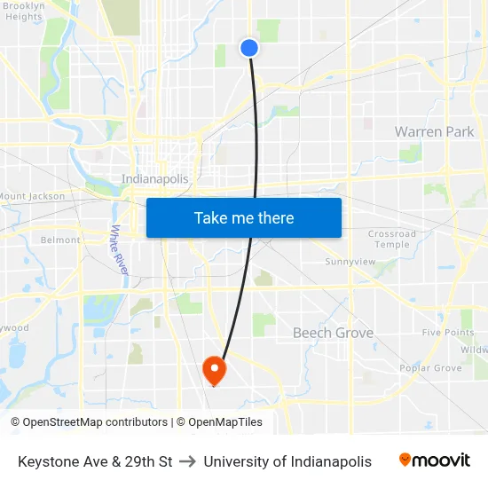 Keystone Ave & 29th St to University of Indianapolis map