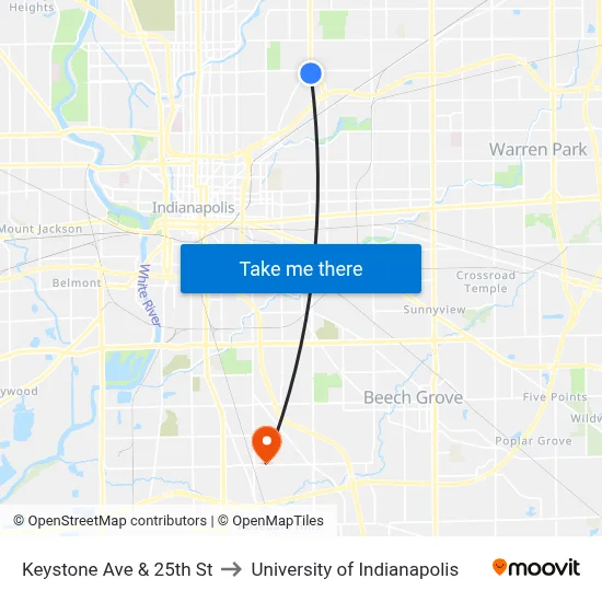 Keystone Ave & 25th St to University of Indianapolis map