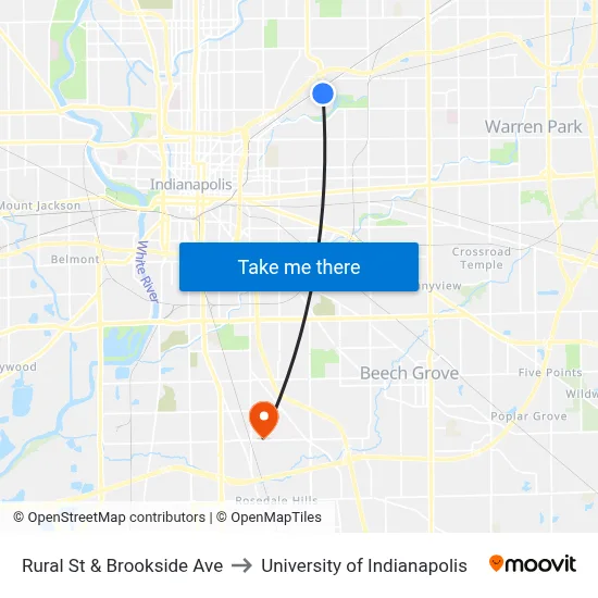 Rural St & Brookside Ave to University of Indianapolis map