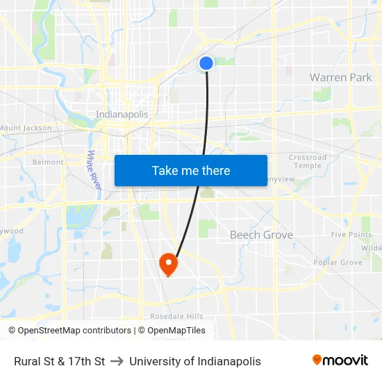 Rural St & 17th St to University of Indianapolis map