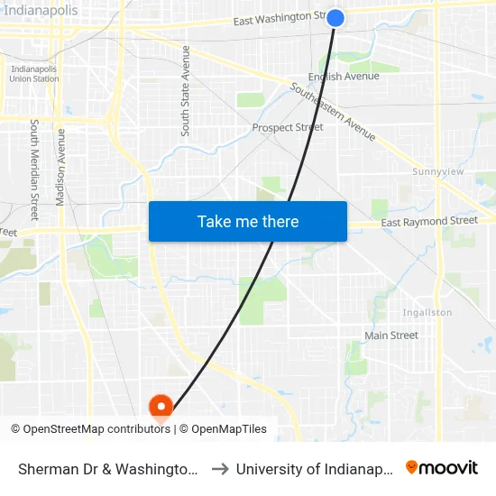 Sherman Dr & Washington St to University of Indianapolis map