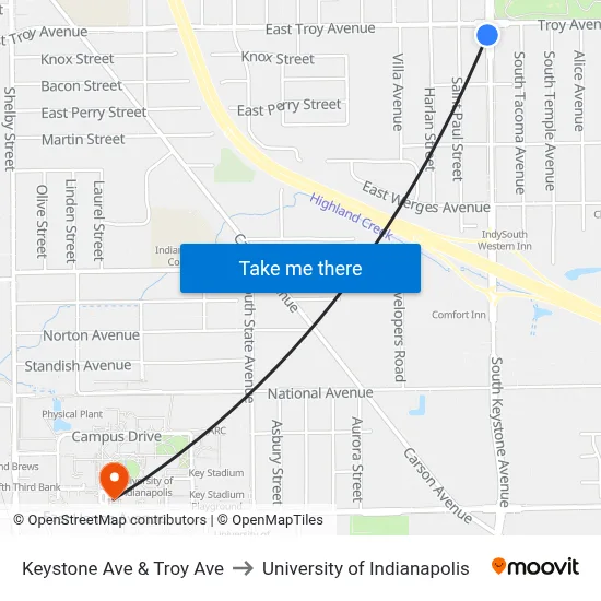 Keystone Ave & Troy Ave to University of Indianapolis map