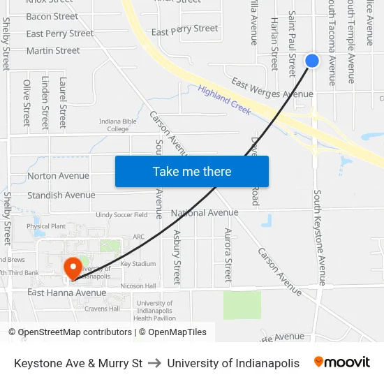 Keystone Ave & Murry St to University of Indianapolis map