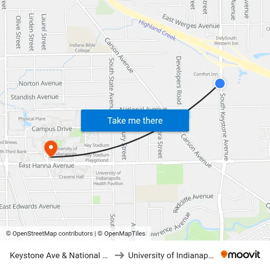 Keystone Ave & National Ave to University of Indianapolis map