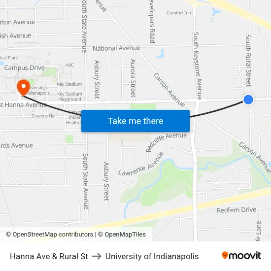 Hanna Ave & Rural St to University of Indianapolis map