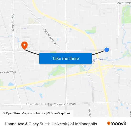 Hanna Ave & Olney St to University of Indianapolis map