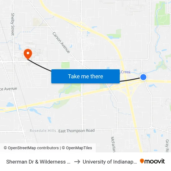 Sherman Dr & Wilderness Trail to University of Indianapolis map