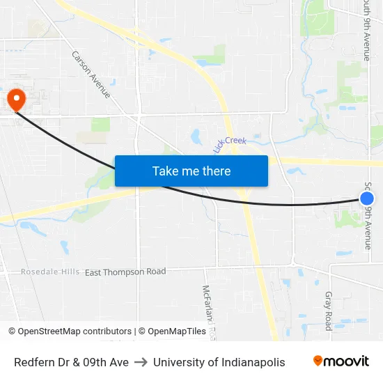 Redfern Dr & 09th Ave to University of Indianapolis map