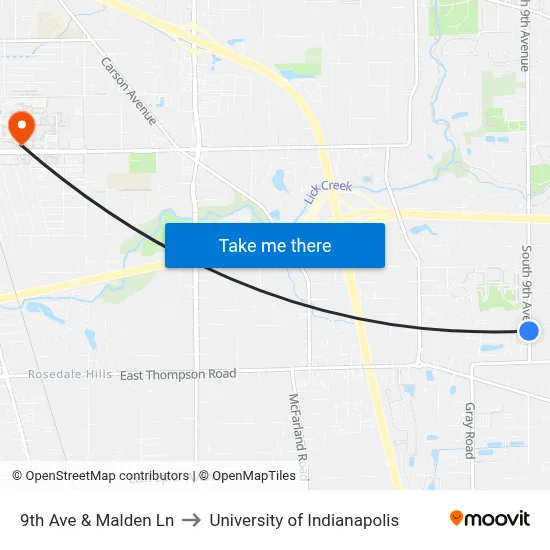 9th Ave & Malden Ln to University of Indianapolis map