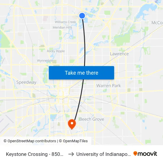 Keystone Crossing - 8505 N to University of Indianapolis map