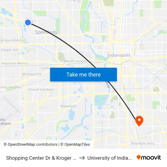 Shopping Center Dr & Kroger - 5700 W to University of Indianapolis map