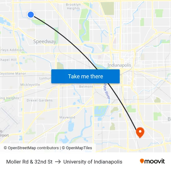 Moller Rd & 32nd St to University of Indianapolis map