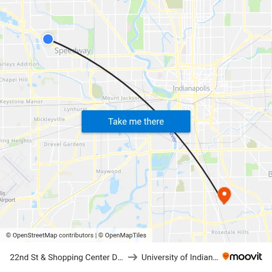 22nd St & Shopping Center Dr - Kohl's to University of Indianapolis map