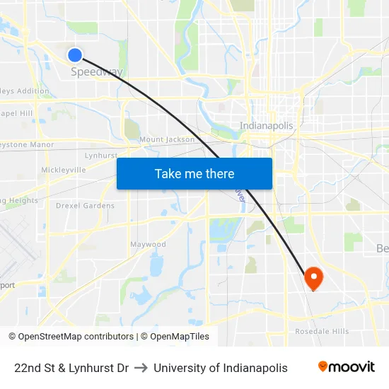 22nd St & Lynhurst Dr to University of Indianapolis map