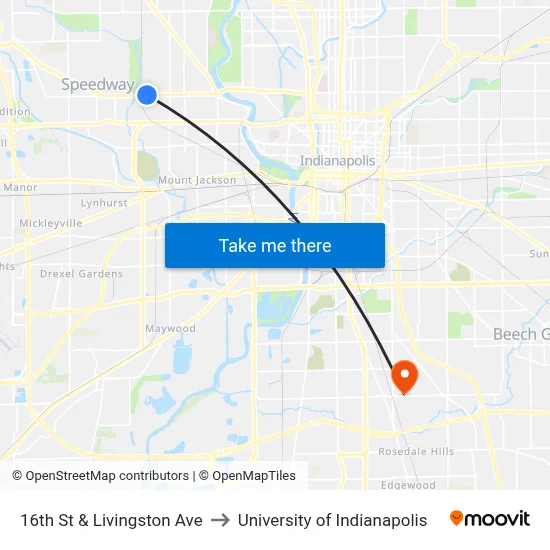 16th St & Livingston Ave to University of Indianapolis map
