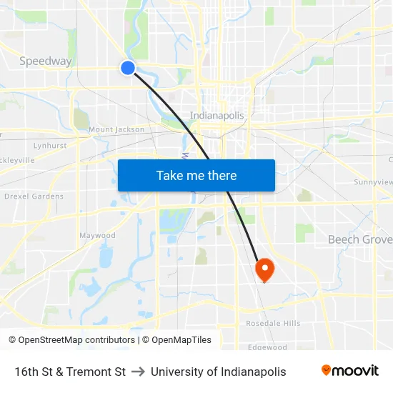16th St & Tremont St to University of Indianapolis map