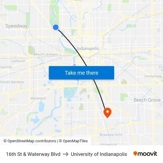 16th St & Waterway Blvd to University of Indianapolis map