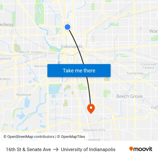 16th St & Senate Ave to University of Indianapolis map
