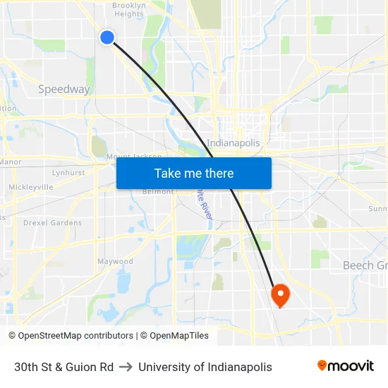 30th St & Guion Rd to University of Indianapolis map