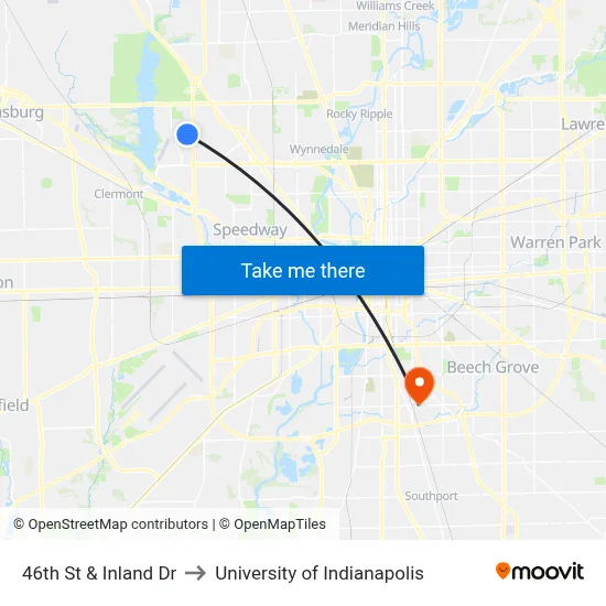 46th St & Inland Dr to University of Indianapolis map
