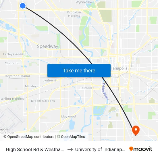 High School Rd & Westhaven to University of Indianapolis map