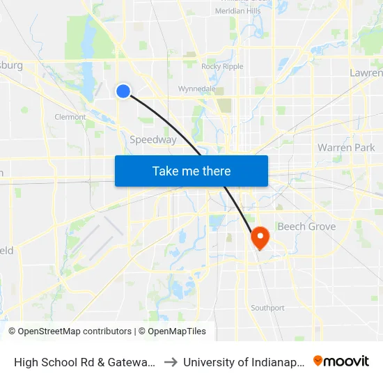 High School Rd & Gateway Dr to University of Indianapolis map