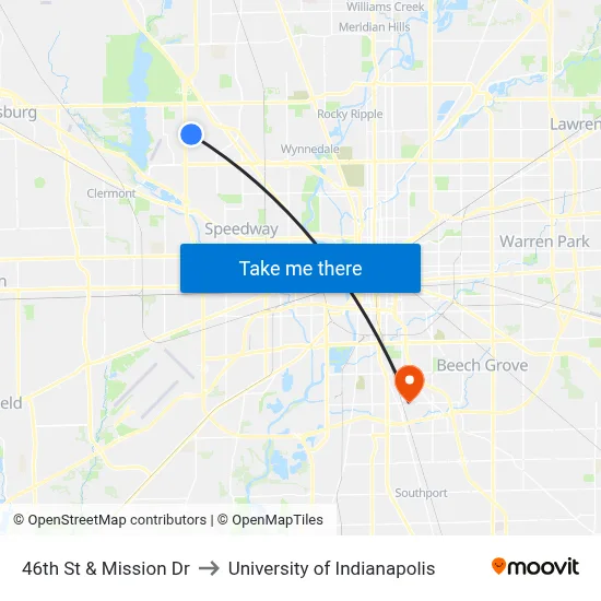 46th St & Mission Dr to University of Indianapolis map