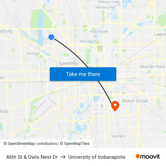 46th St & Owls Nest Dr to University of Indianapolis map