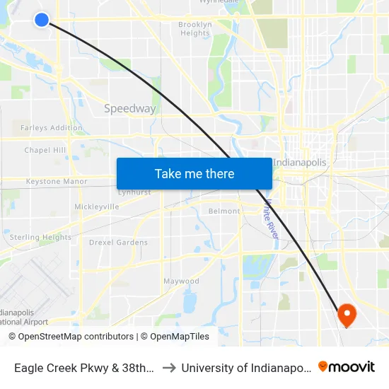 Eagle Creek Pkwy & 38th St to University of Indianapolis map