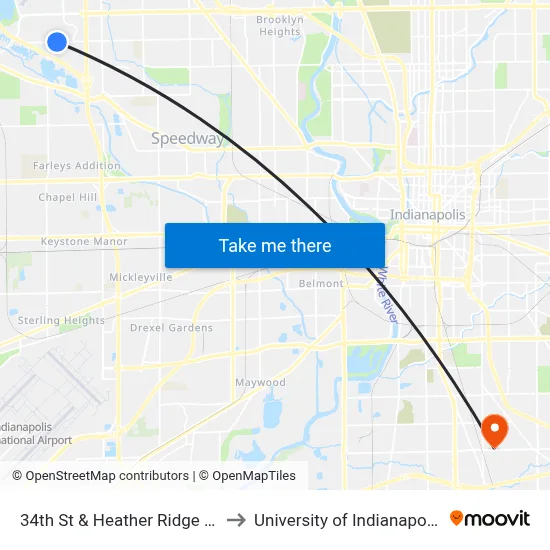 34th St & Heather Ridge Dr to University of Indianapolis map
