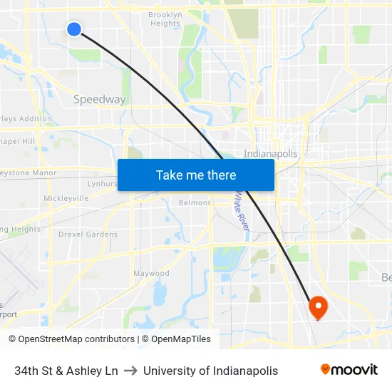 34th St & Ashley Ln to University of Indianapolis map