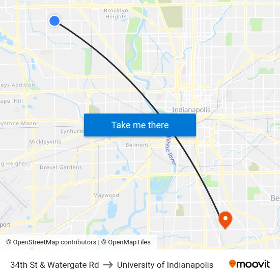 34th St & Watergate Rd to University of Indianapolis map