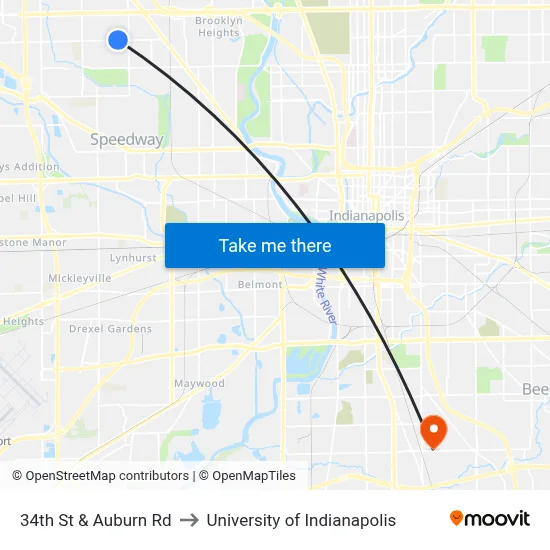 34th St & Auburn Rd to University of Indianapolis map