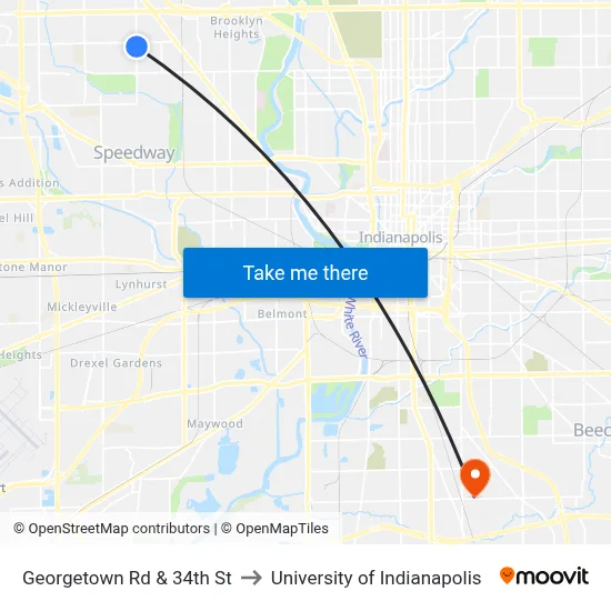 Georgetown Rd & 34th St to University of Indianapolis map