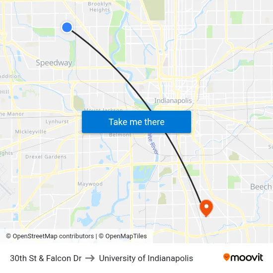 30th St & Falcon Dr to University of Indianapolis map