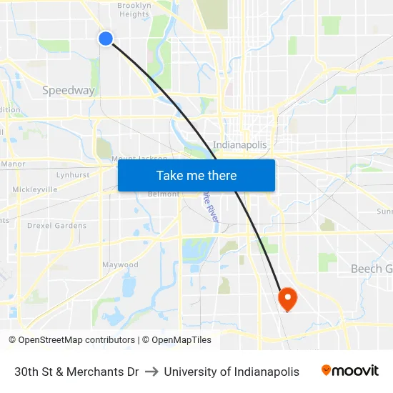 30th St & Merchants Dr to University of Indianapolis map