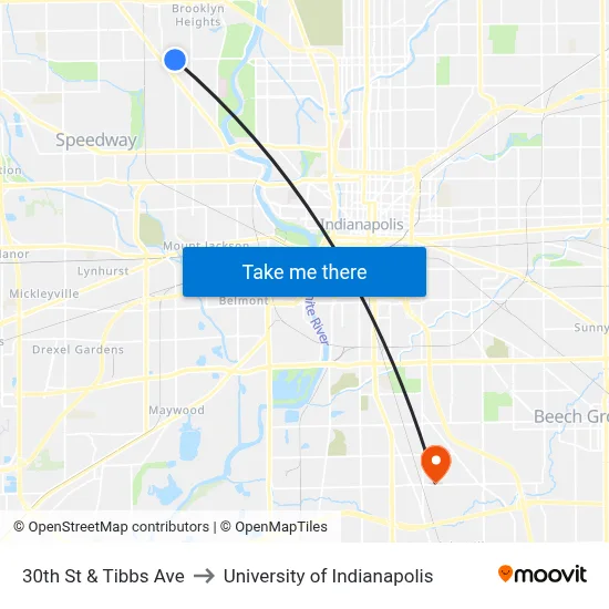 30th St & Tibbs Ave to University of Indianapolis map