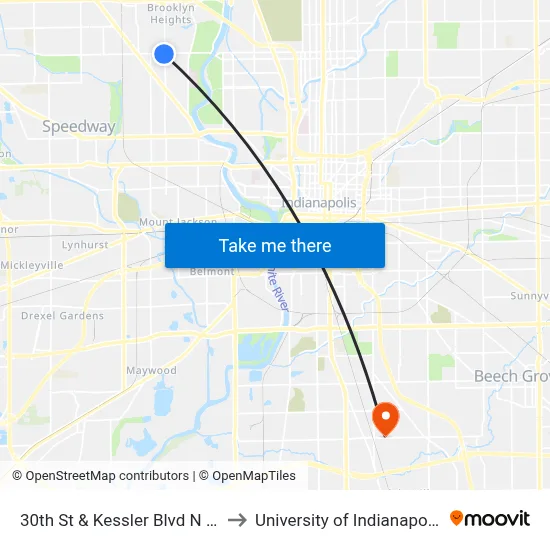 30th St & Kessler Blvd N Dr to University of Indianapolis map