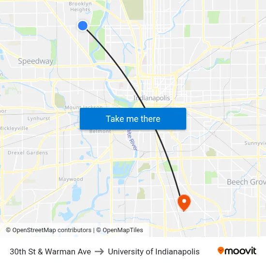 30th St & Warman Ave to University of Indianapolis map